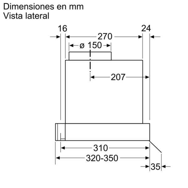 Un diagrama con dimensiones en mm para una caja rectangular con una abertura superior.