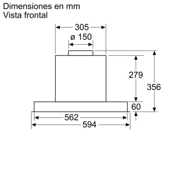 Diagrama que muestra las dimensiones frontales de una campana extractora en milímetros.