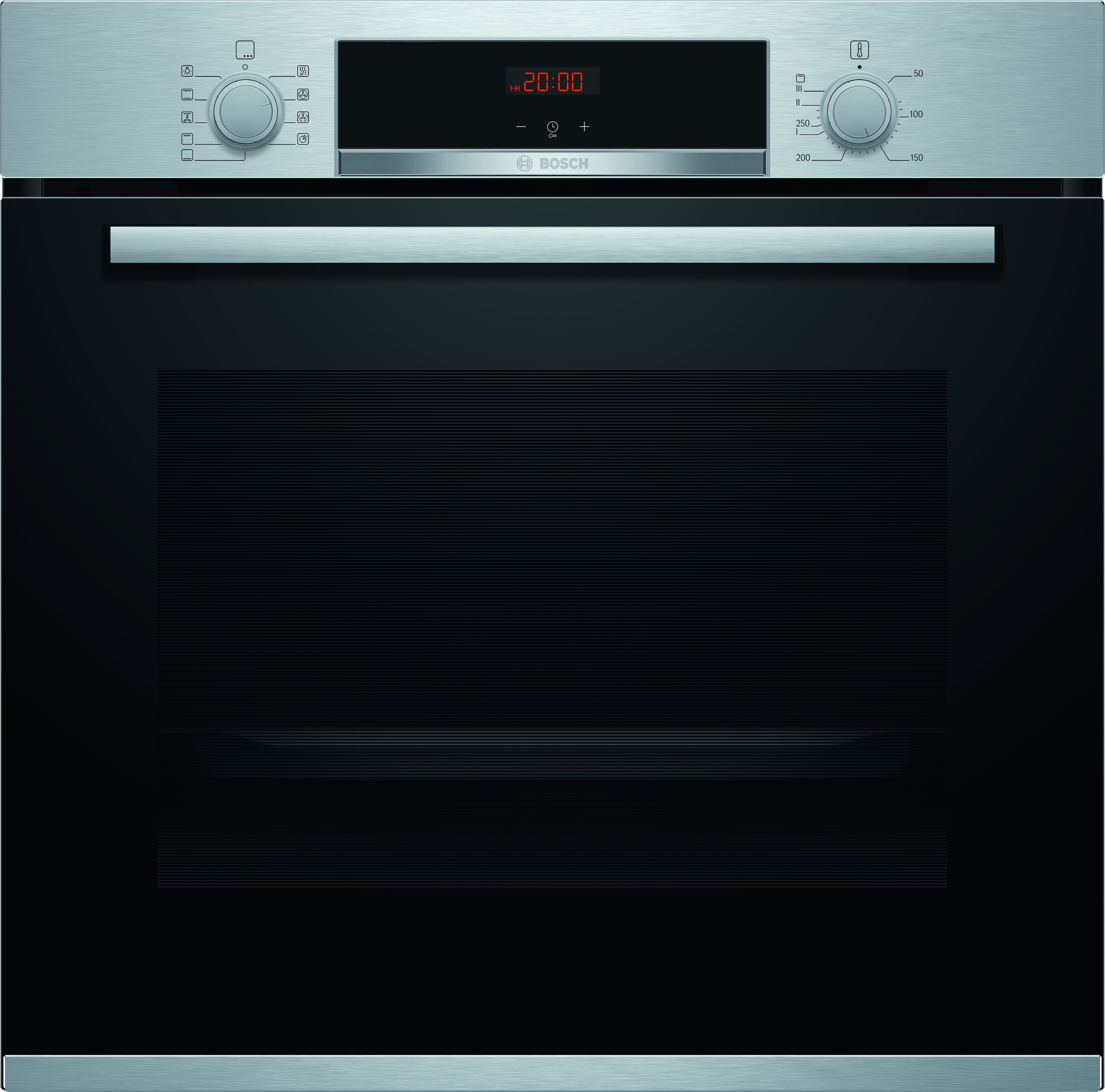 Horno Bosch plateado con puerta negra. Pantalla digital mostrando 20:00. Perillas arriba.