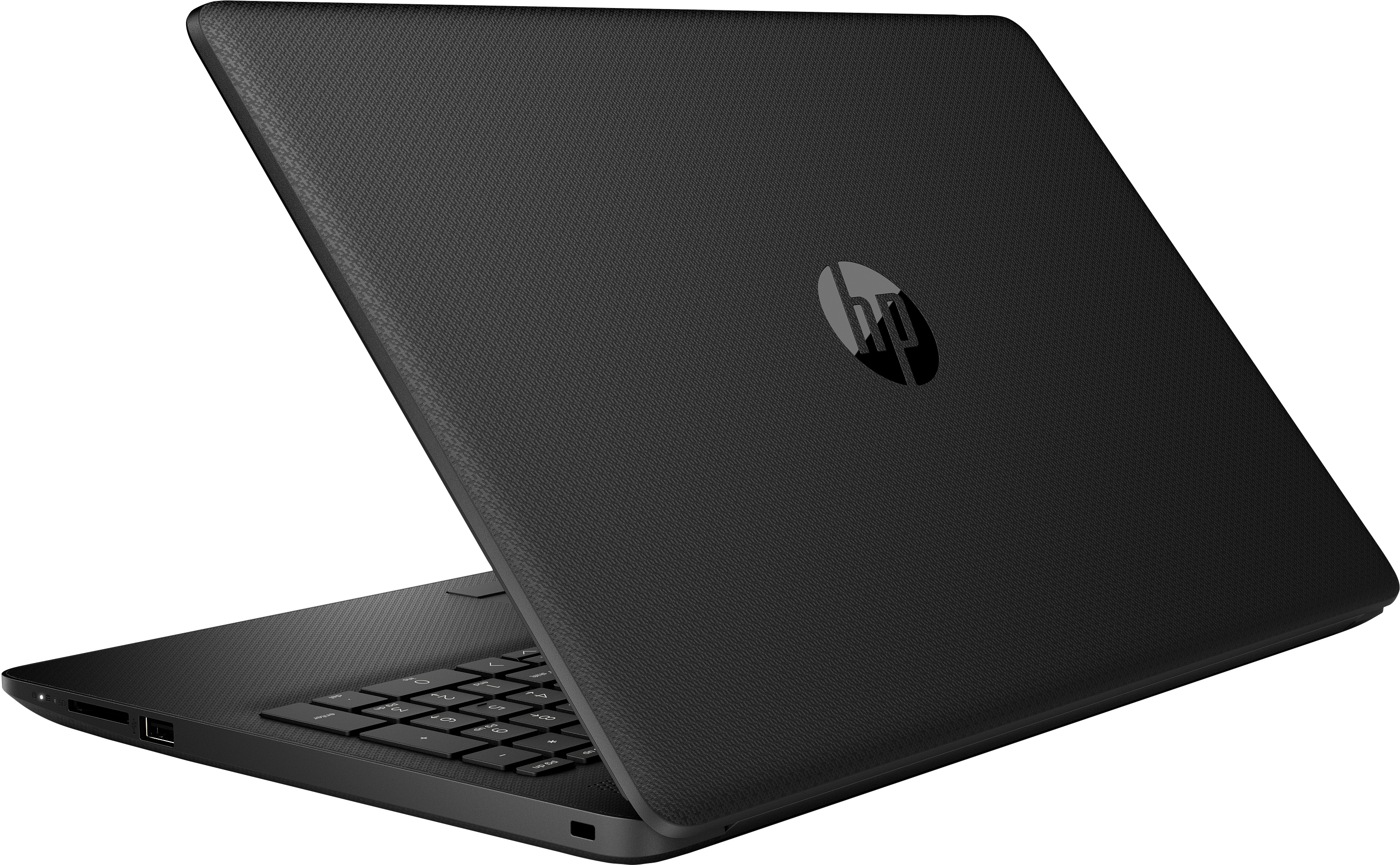 Ein schwarzer HP-Laptop mit strukturiertem Gehäuse und sichtbarer Tastatur auf weißem Hintergrund.