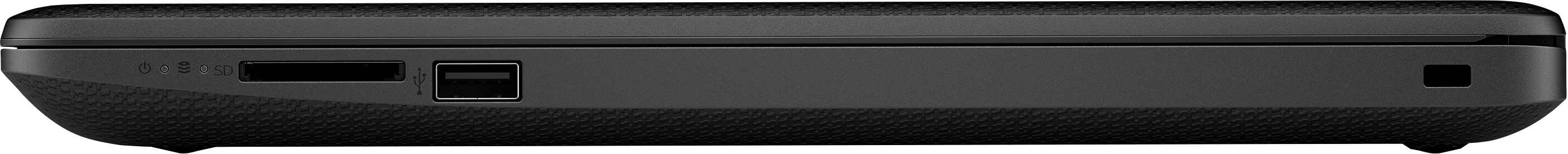 Seitenansicht eines schwarzen Laptops mit SD-Kartenleser, USB-Anschluss und Status-LEDs.