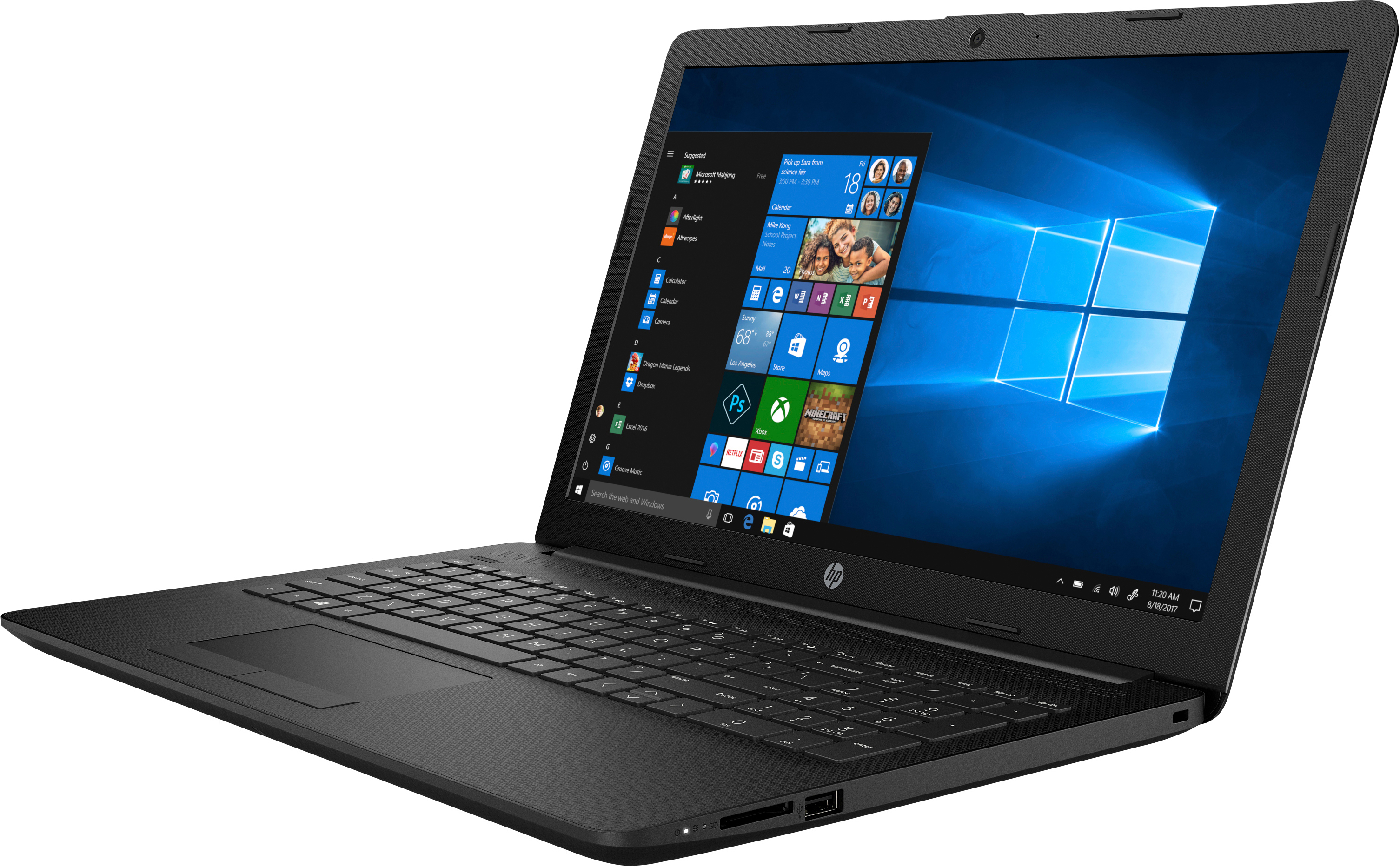 Ein schwarzer HP-Laptop mit offenem Bildschirm zeigt das blaue Windows 10 Startmenü und den Desktop.