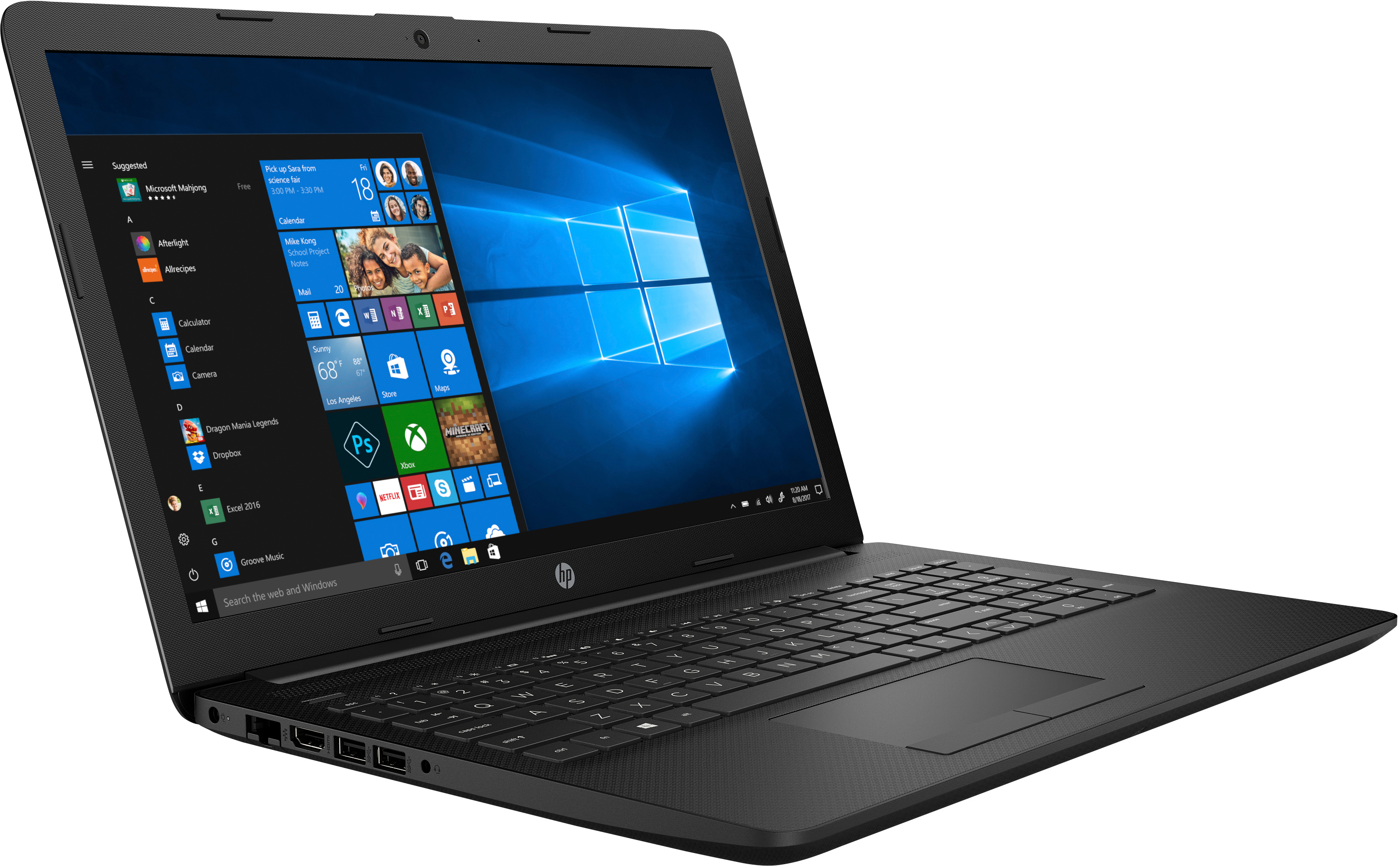 Ein schwarzer HP-Laptop mit offenem Bildschirm zeigt das Windows 10 Startmenü und den blauen Desktop.