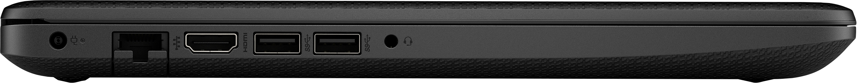 Seitenansicht eines schwarzen Laptops mit Anschlüssen wie Strom, Ethernet, HDMI, zwei USB-Ports und Audiobuchse.