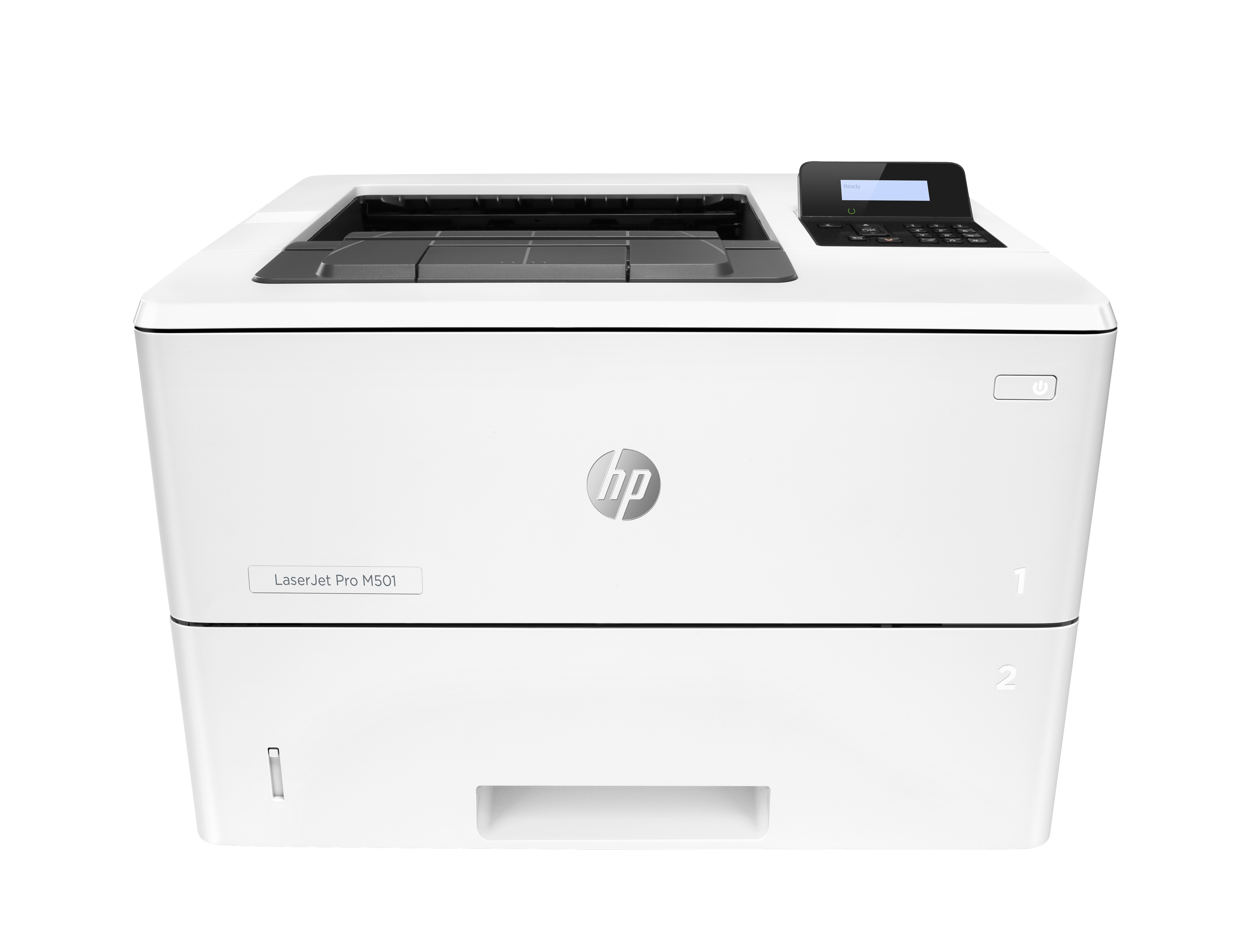 Beyaz bir HP LaserJet Pro M501 yazıcı. Yazıcının bir kontrol paneli ve iki kağıt tepsisi var.