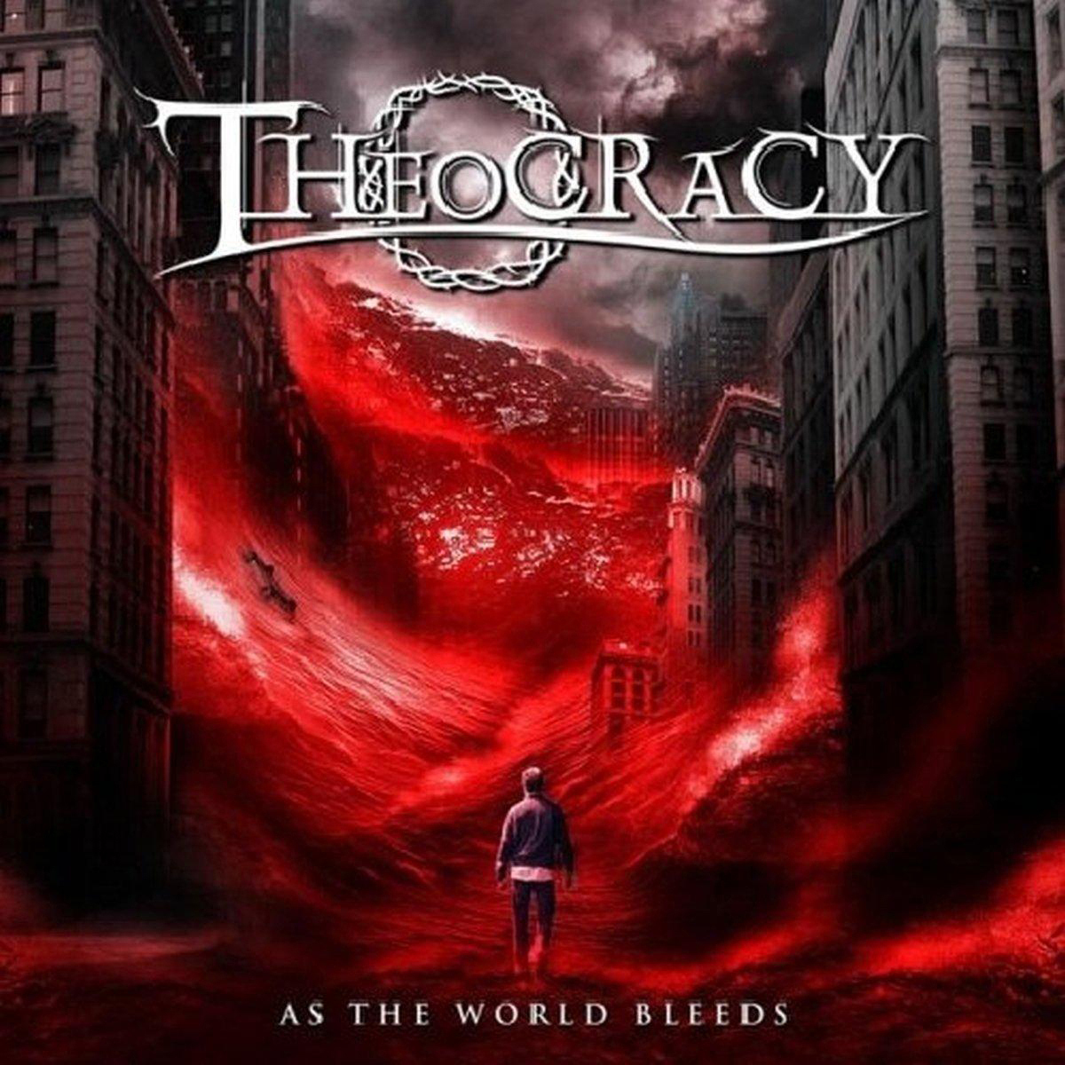 Mann in roter Flut. Gebäude im Hintergrund. Theocracy Albumcover.