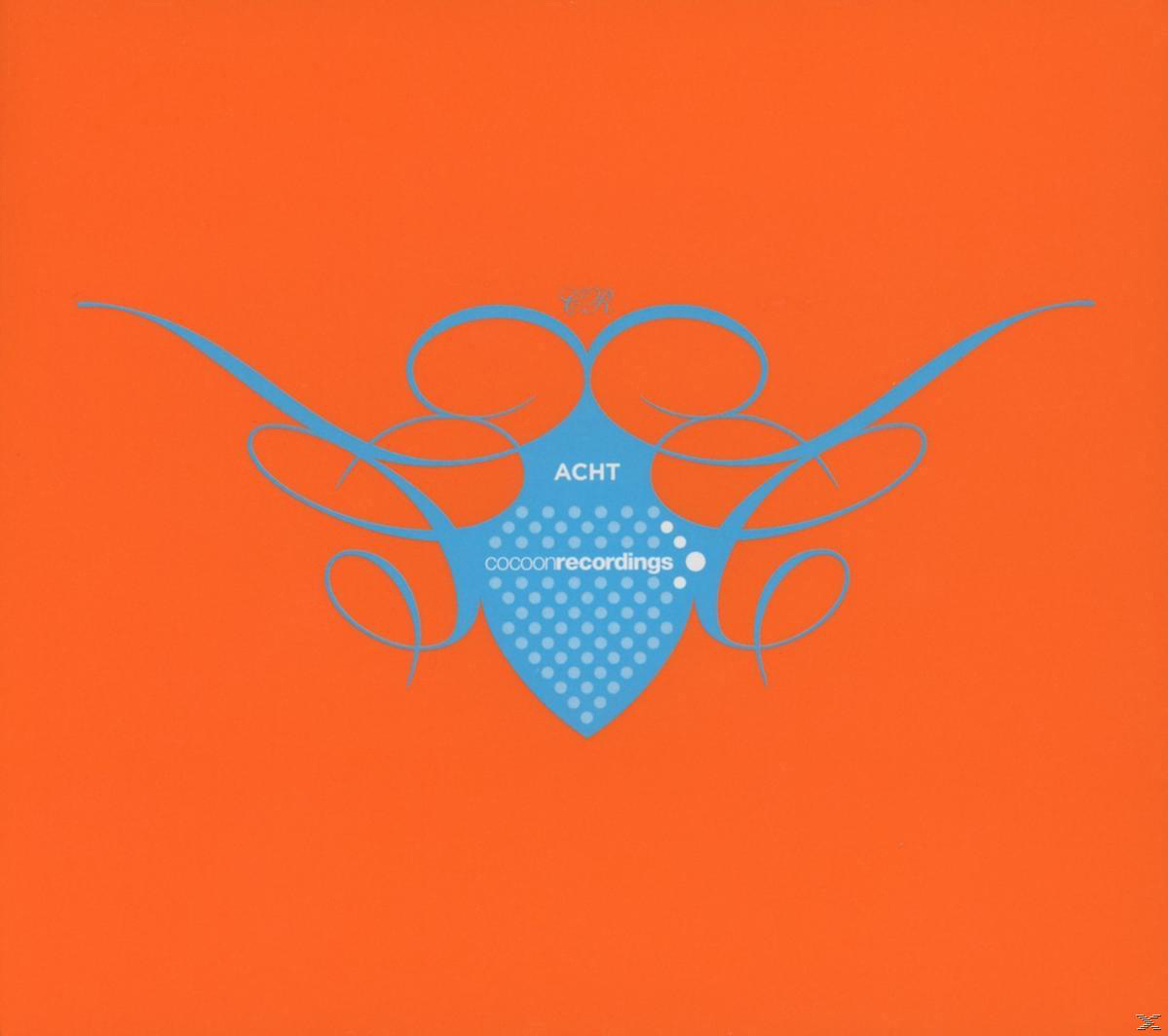Albumcover. Blaues Design auf orangefarbenem Hintergrund mit dem Wort 'ACHT' und 'cocoonrecordings'.
