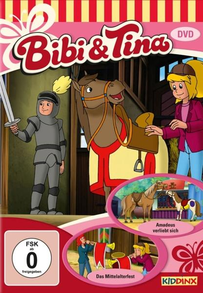 DVD-Cover: Ein Cartoon mit Ritter, Pferd und Prinzessin. Text: Bibi & Tina.