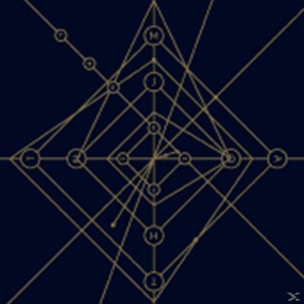 Abstraktes geometrisches Design mit Linien und Kreisen in Gold auf dunkelblauem Hintergrund.