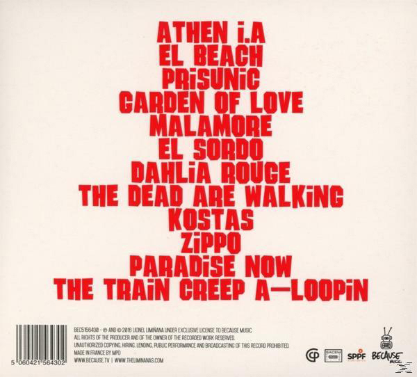Album-Rückseite mit einer Liste von Songtiteln in roter Schrift auf weißem Hintergrund.