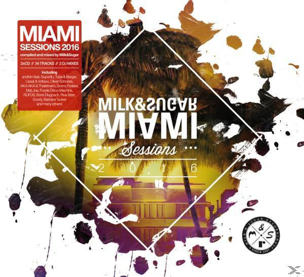 Miami Sessions 2016 Albumcover. Palmen und eine Gebäudeillustration. Weiße und orangefarbene Farben.