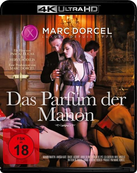 DVD-Cover. Menschen in einem Raum, das Cover zeigt eine Sexszene und den Titel 'Das Parfum der Manon'.