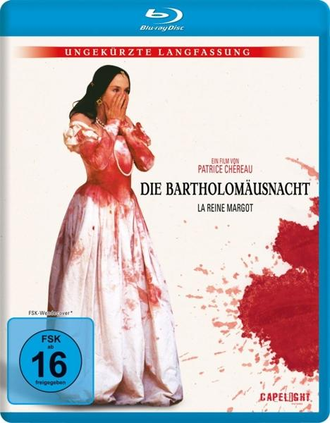 Filmcover: Die Bartholomäusnacht. Eine Frau in blutbeflecktem Kleid bedeckt ihr Gesicht.