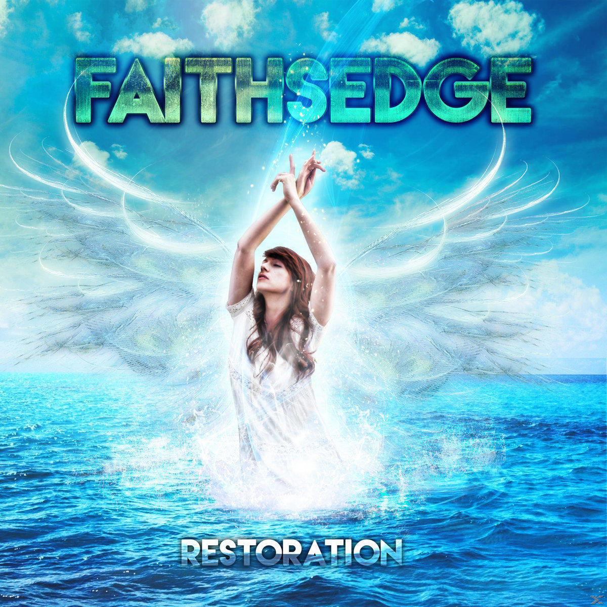 Albumcover: Frau im Wasser, Arme erhoben, Engelsflügel, blauer Himmel, 'Faithsedge', 'Restoration'.