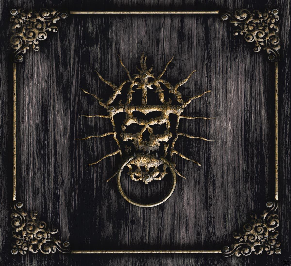 Verzierter metallener Totenkopf-Türklopfer auf einer Holztür. Aufwendige Details und dunkler Hintergrund.