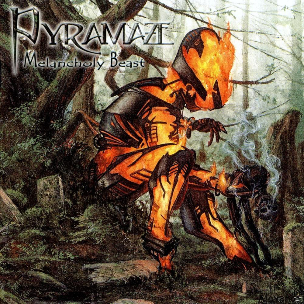 Albumcover: Eine Fantasy-Figur in einem Wald. Text: Pyramaze, Melancholy Beast.