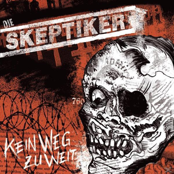 Albumcover mit Totenkopf und Stacheldraht, Text 'Die Skeptiker'.