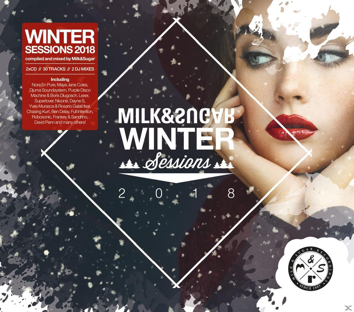 Cover von Winter Sessions 2018. Zeigt das Gesicht einer Frau, Schneeeffekt und Text in Rot und Weiß.