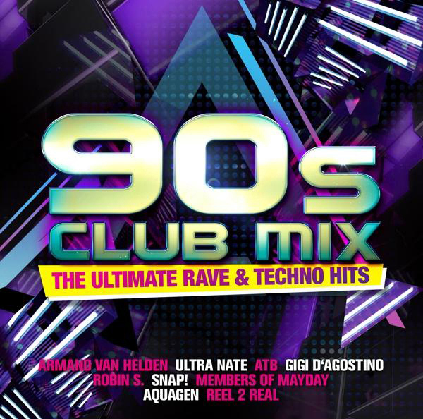 Albumcover mit lebendigem 90s Club Mix Text, geometrischen Formen und Künstlernamen.