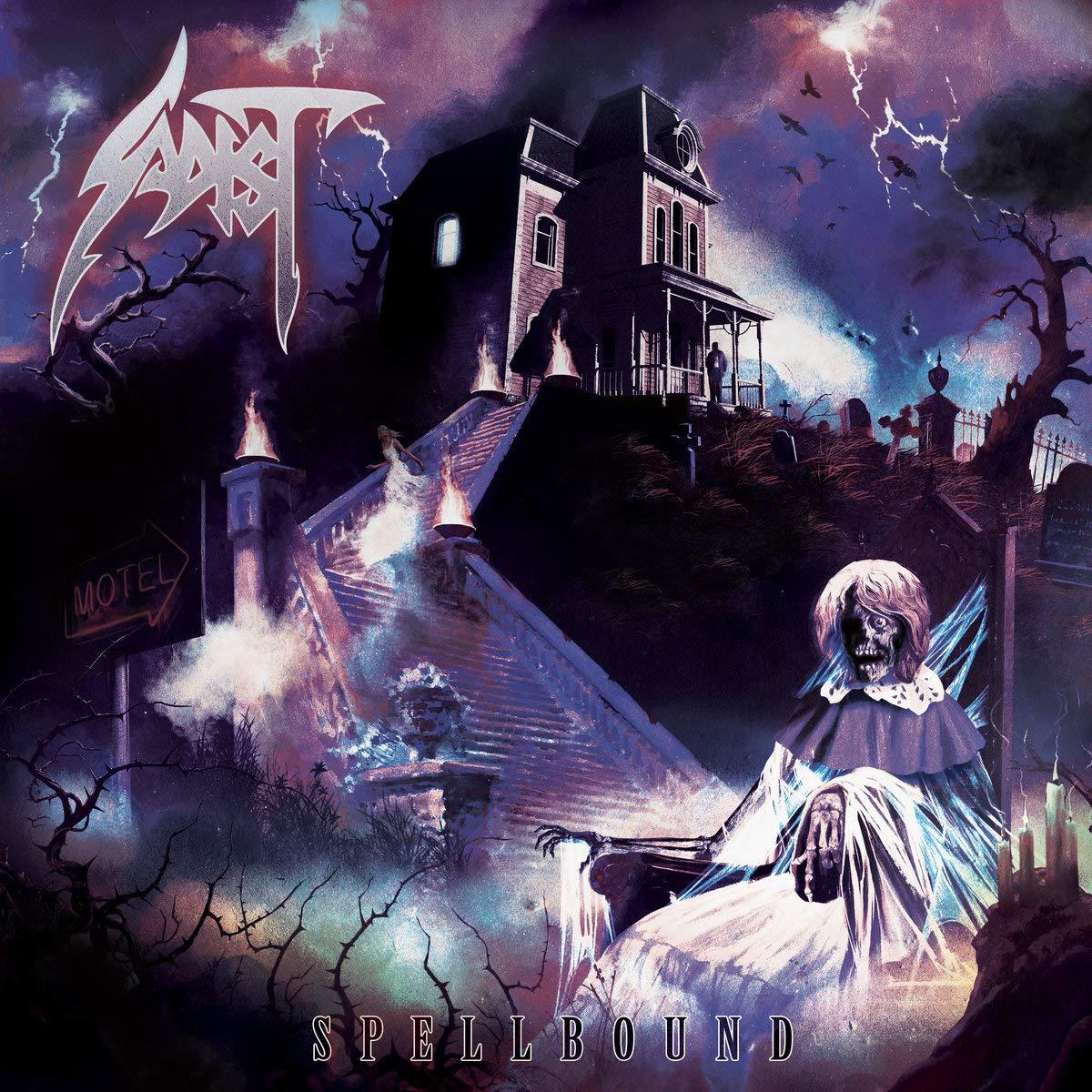 Albumcover mit einem Spukhaus, einer gruseligen Figur und dem Wort 'Spellbound' in einer dunklen Szene.
