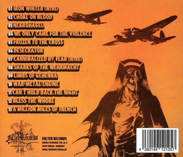 CD-Rückseite mit Titelliste, Albumcover und fliegenden Kriegsflugzeugen.