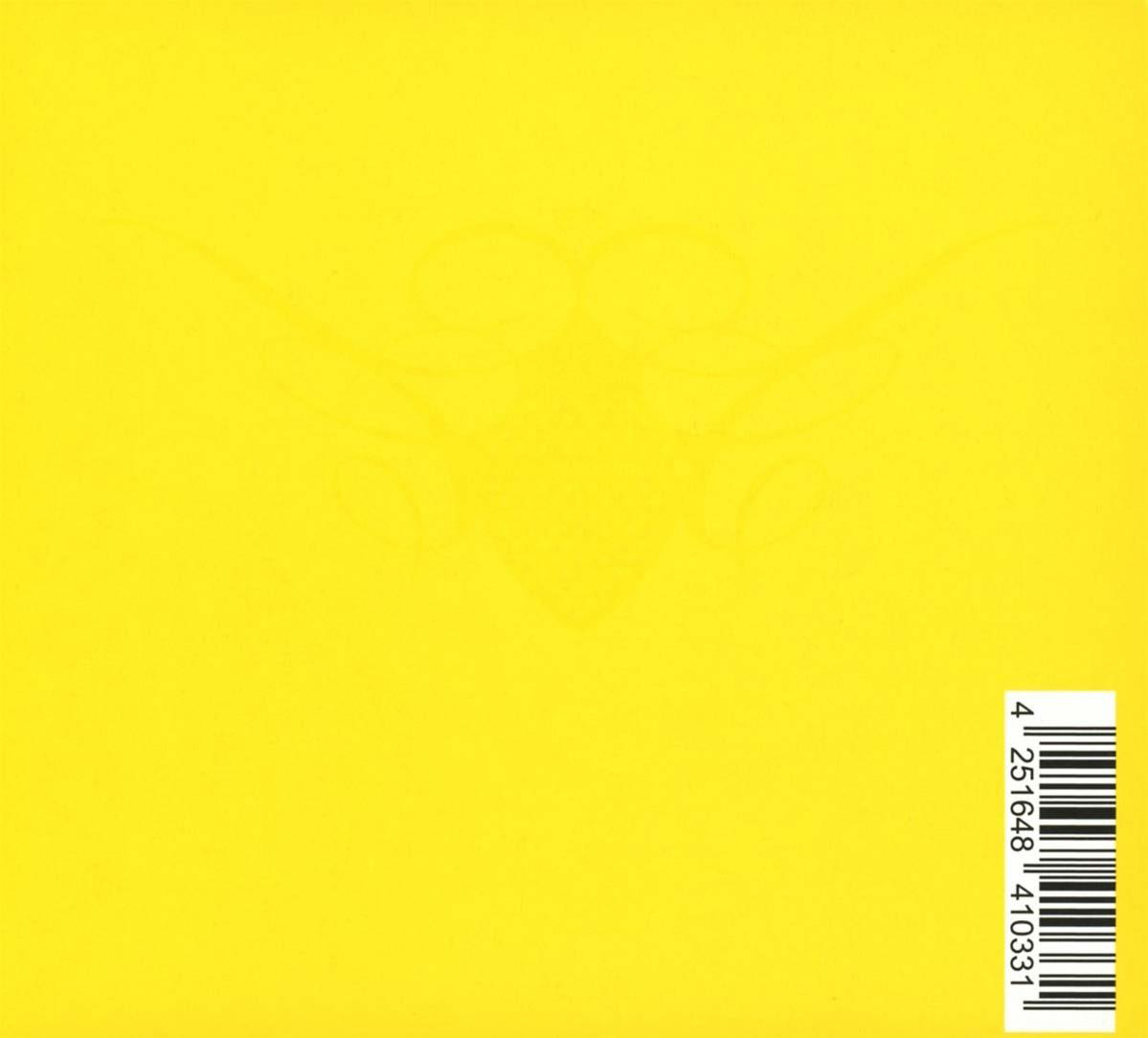 Eine gelbe CD-Rückseite mit einem Barcode und einem weißen Bereich mit einem Logo.