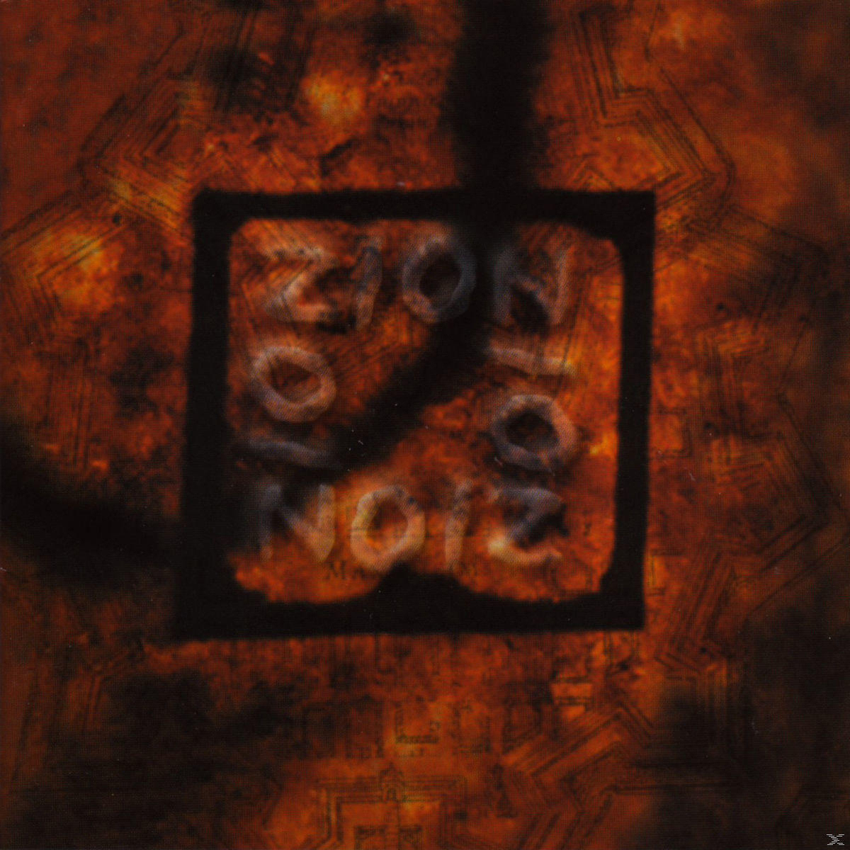 Abstraktes Bild: Text 'Zion Noise' in einem Quadrat vor einem fleckigen, feurigen orange-braunen Hintergrund.