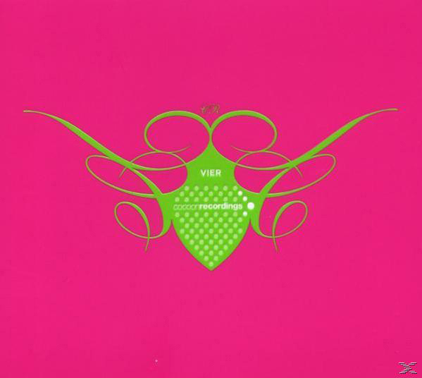 Abstraktes Design in Grün auf pinkfarbenem Hintergrund, mit zentraler Form und Linien.