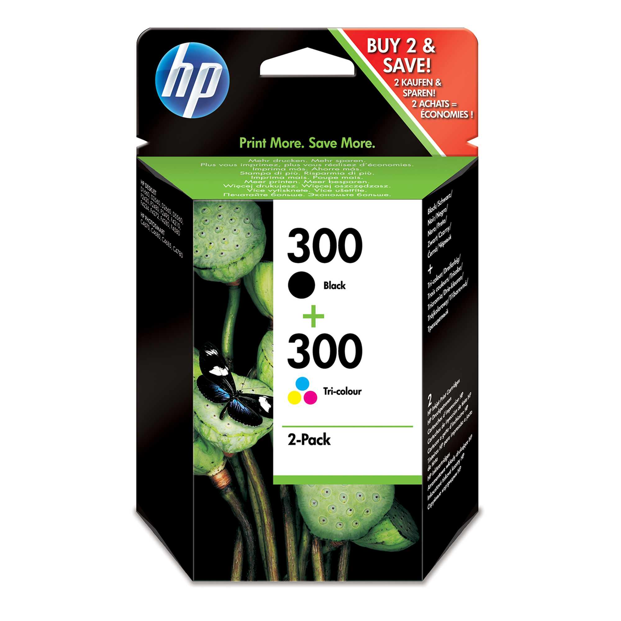 Ein HP 300 Tintenpatronen 2er-Pack. Eine schwarze und eine dreifarbige Patrone, mit Lotusblumen-Bildern.
