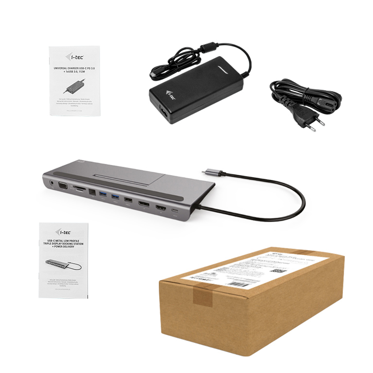 Dockingstation mit Ladegerät, Netzteil und Kabel sowie Verpackung. Weißer Hintergrund.