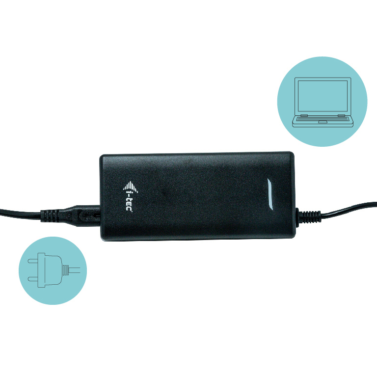 Ein schwarzes I-TEC Laptop-Ladegerät mit Stecker- und Computer-Symbolen.