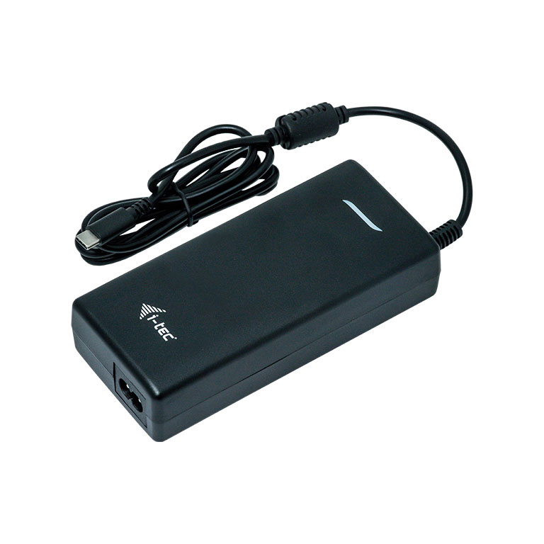 Schwarzes Netzteil mit einem USB-C-Kabel.