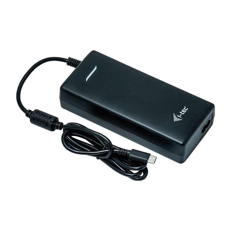 Ein schwarzes Netzteil mit Kabel und USB-C-Anschluss.