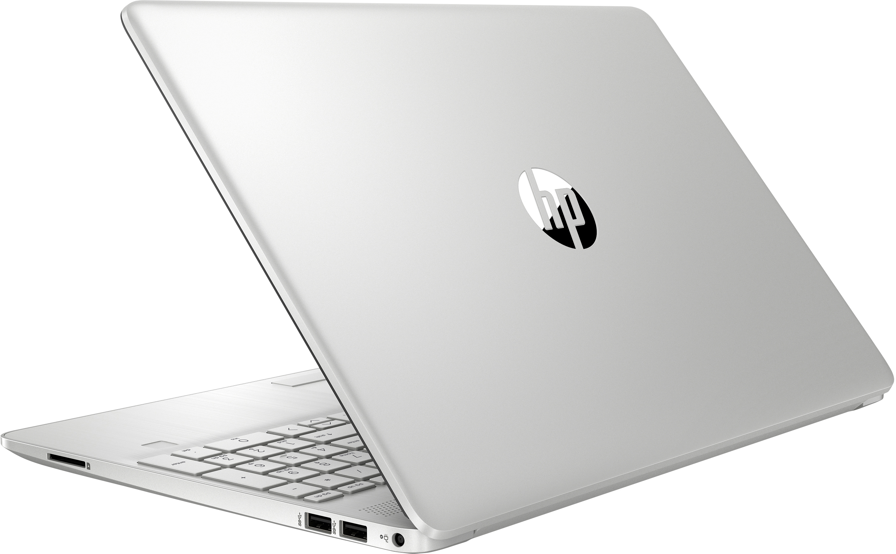 Ein silberner HP Laptop ist aus einer perspektivischen Ansicht von hinten zu sehen, mit sichtbarer Tastatur und Anschlüssen.