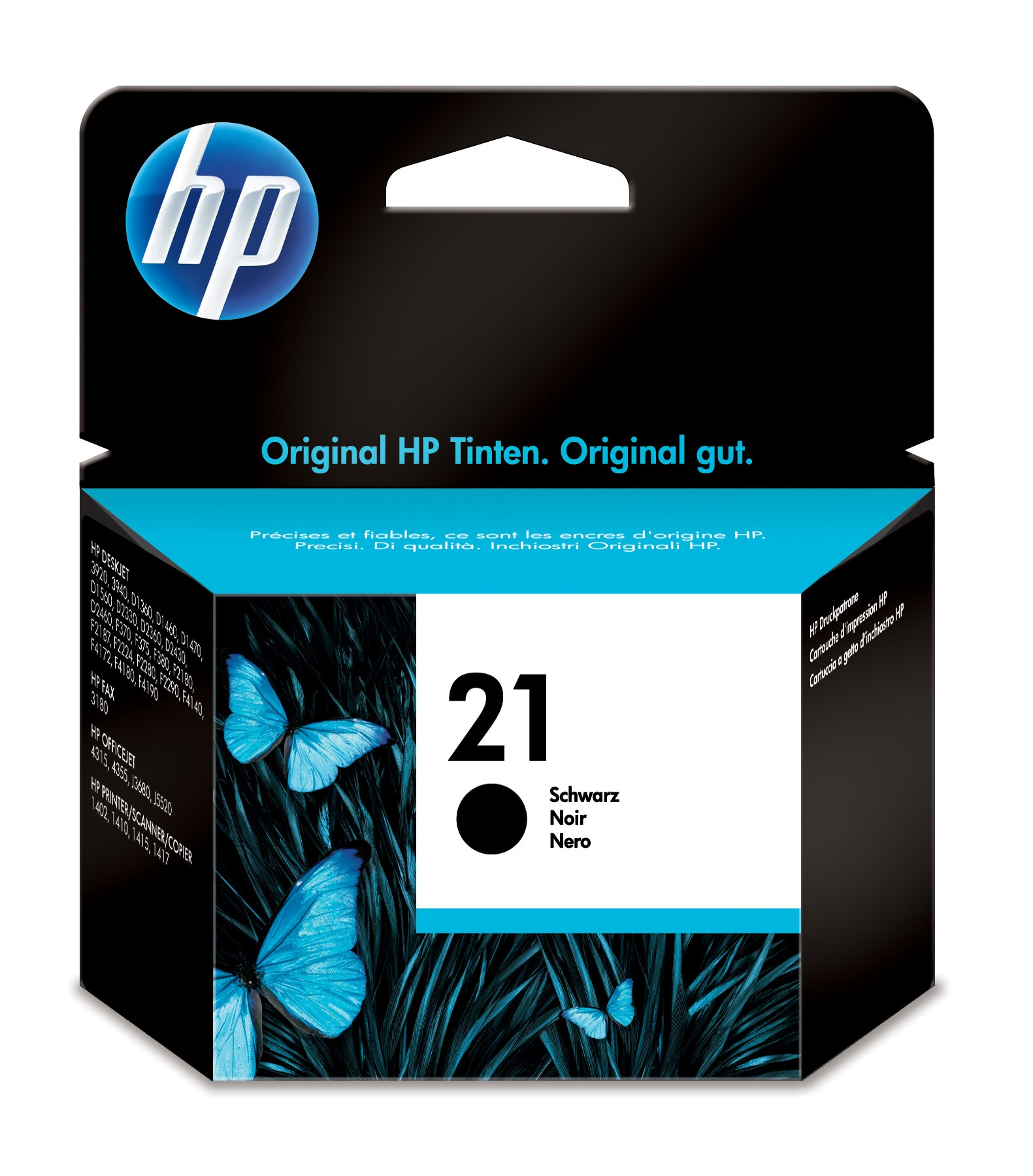 HP-Tintenpatronenbox mit Schmetterlingen und Text: 21, Schwarz, Noir, Nero.