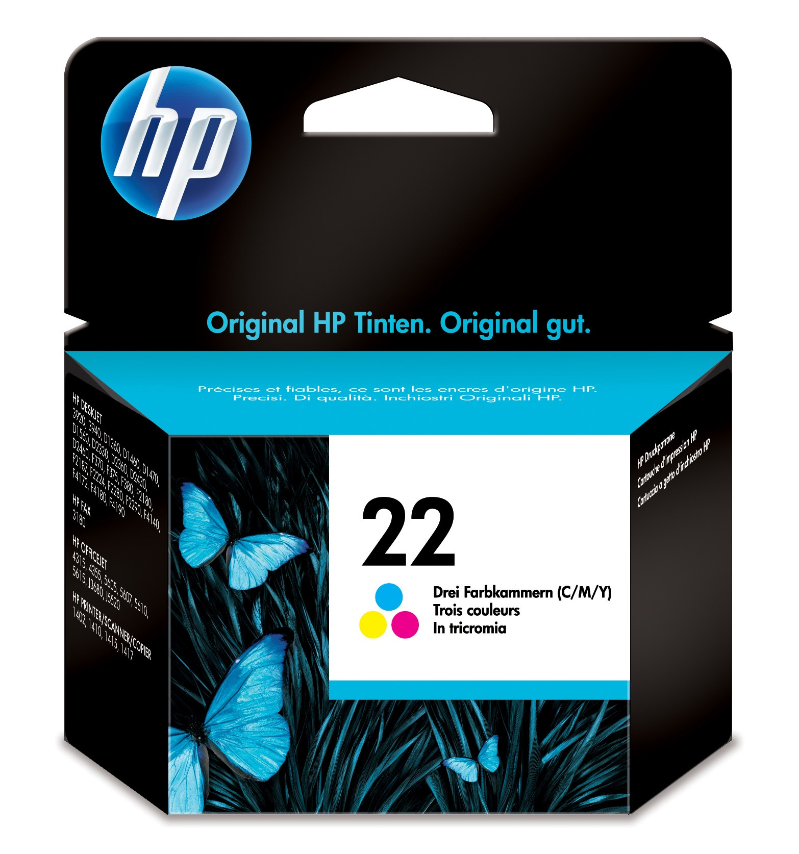 HP-Tintenpatronenverpackung. Die Patrone ist blau mit Schmetterlingen. Die Farbe ist 22.