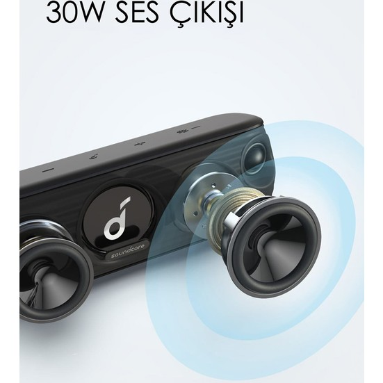Anker logosu ve ses dalgası gösteren siyah ve gri Soundcore hoparlör.