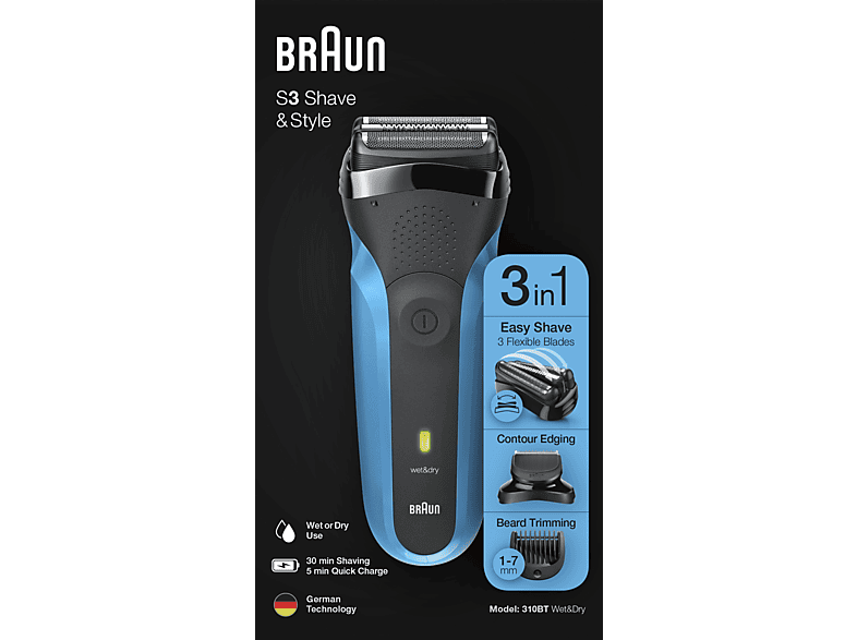 BRAUN 3 Serisi 310BT Blu 3in1 Islak&Kuru Kullanım Tıraş Makinesi ve Sakal Şekillendirici Mavi/Siyah_8