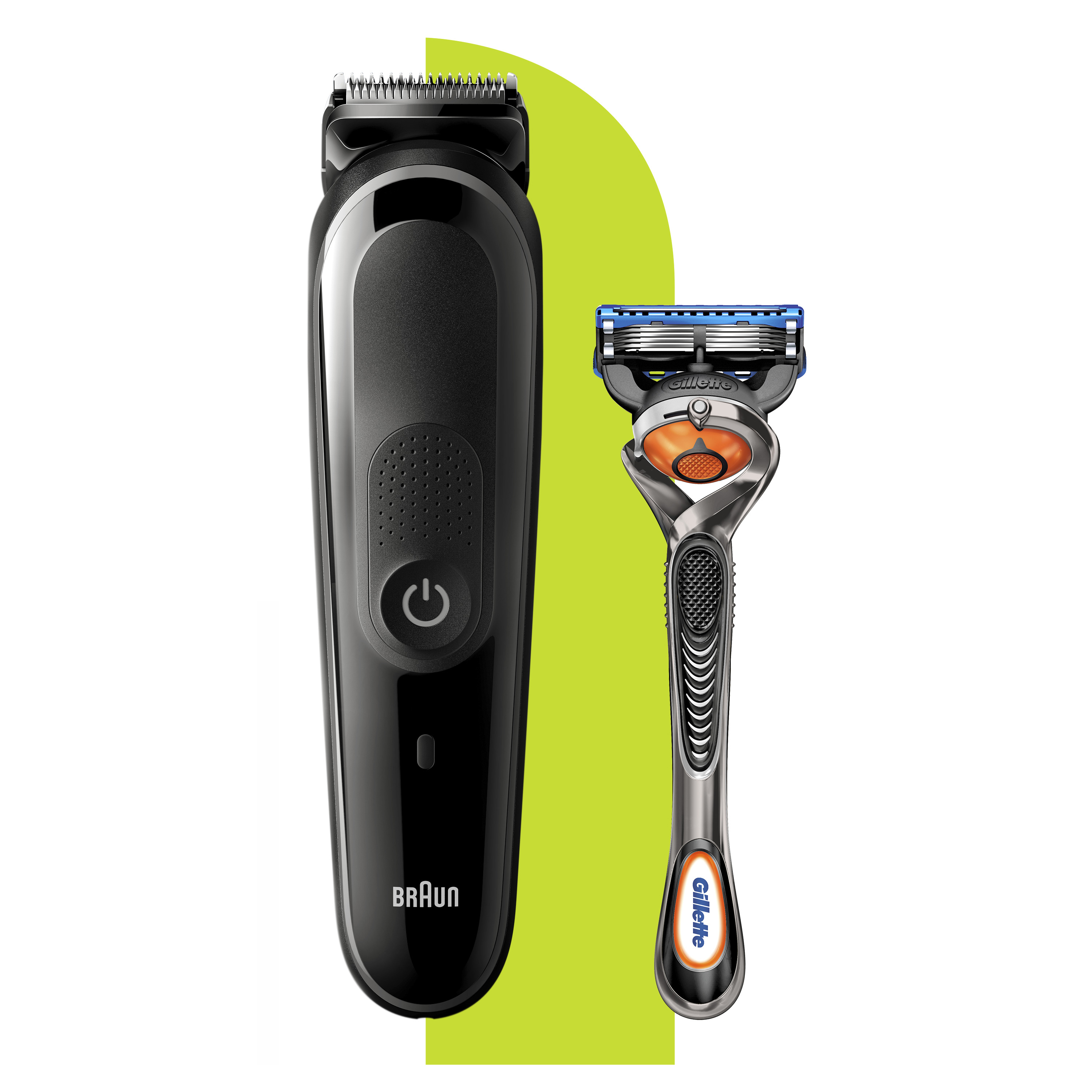 Siyah Braun sakal kesme makinesi ve turuncu ve mavi detaylı bir Gillette tıraş bıçağı.