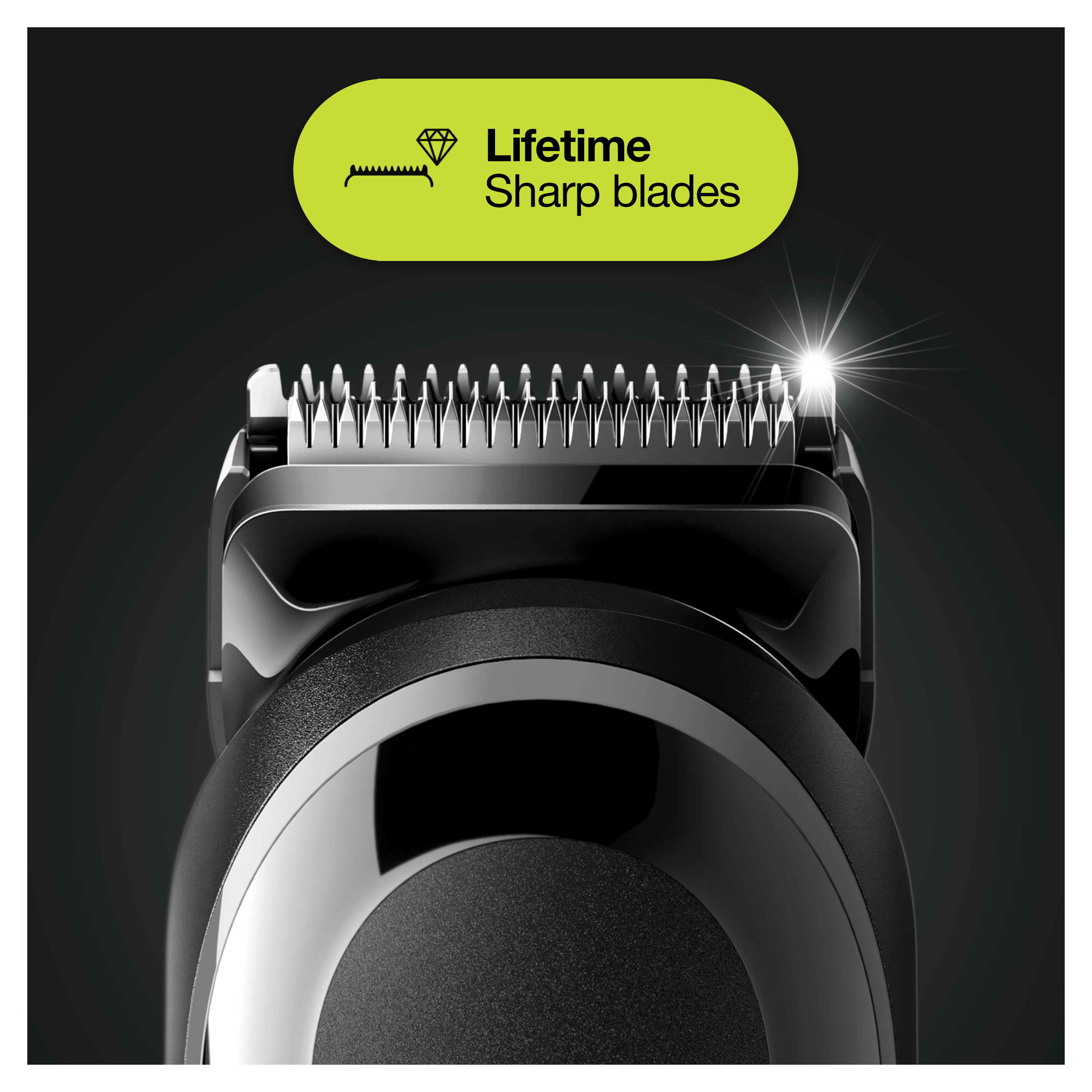 'Lifetime Sharp blades' yazısı ve yeşil vurgusu olan siyah bir sakal düzelticisinin yakın çekimi.