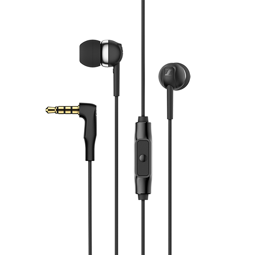 Sennheiser kulaklıklar, siyah kablo, kulak içi ve altın kaplama fişli.