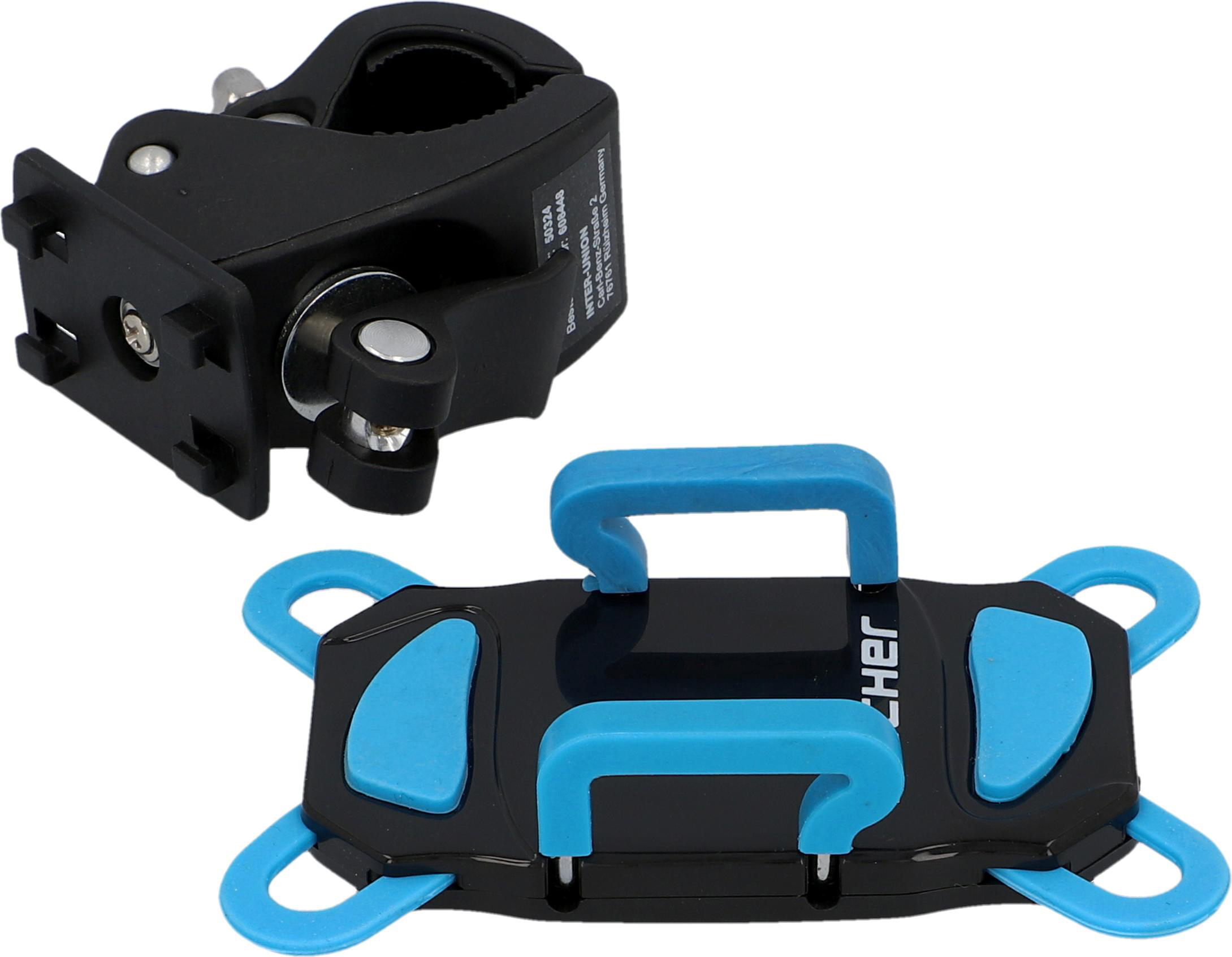 Schwarzer und blauer Telefonhalter mit Halterung.