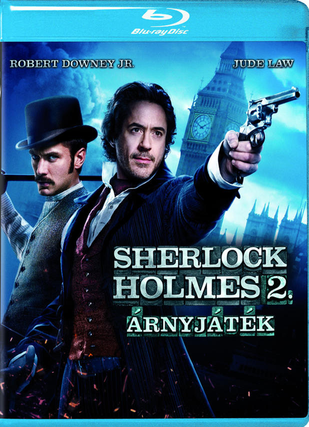 Sherlock Holmes 2 DVD borítója. Robert Downey Jr. pisztolyt tart, Jude Law mellette.
