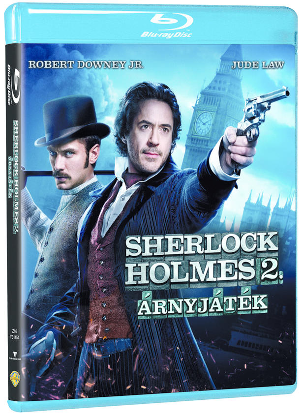 Blu-ray film borító: Sherlock Holmes 2, színészek, pisztoly, Big Ben.