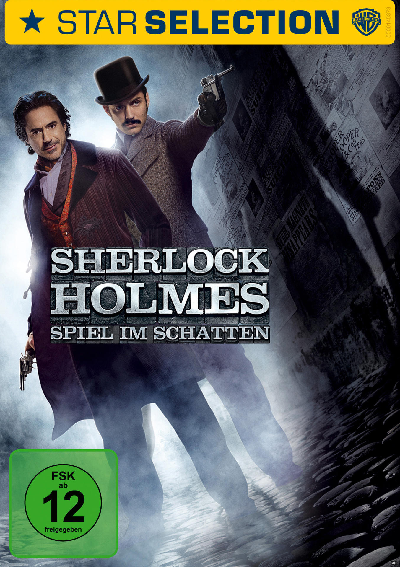 Sherlock Holmes Blu-ray Cover. Zwei Männer in Anzügen, halten Waffen, dunkler Hintergrund.