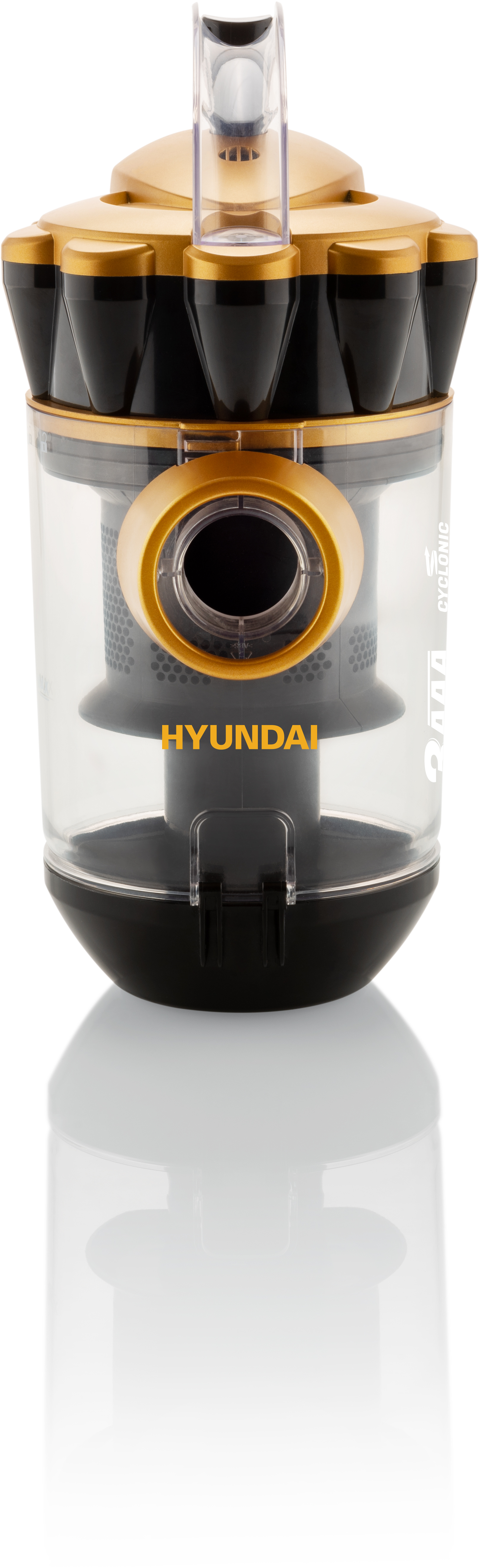 Átlátszó porszívó portartály fekete-arany díszítéssel, a márka Hyundai.