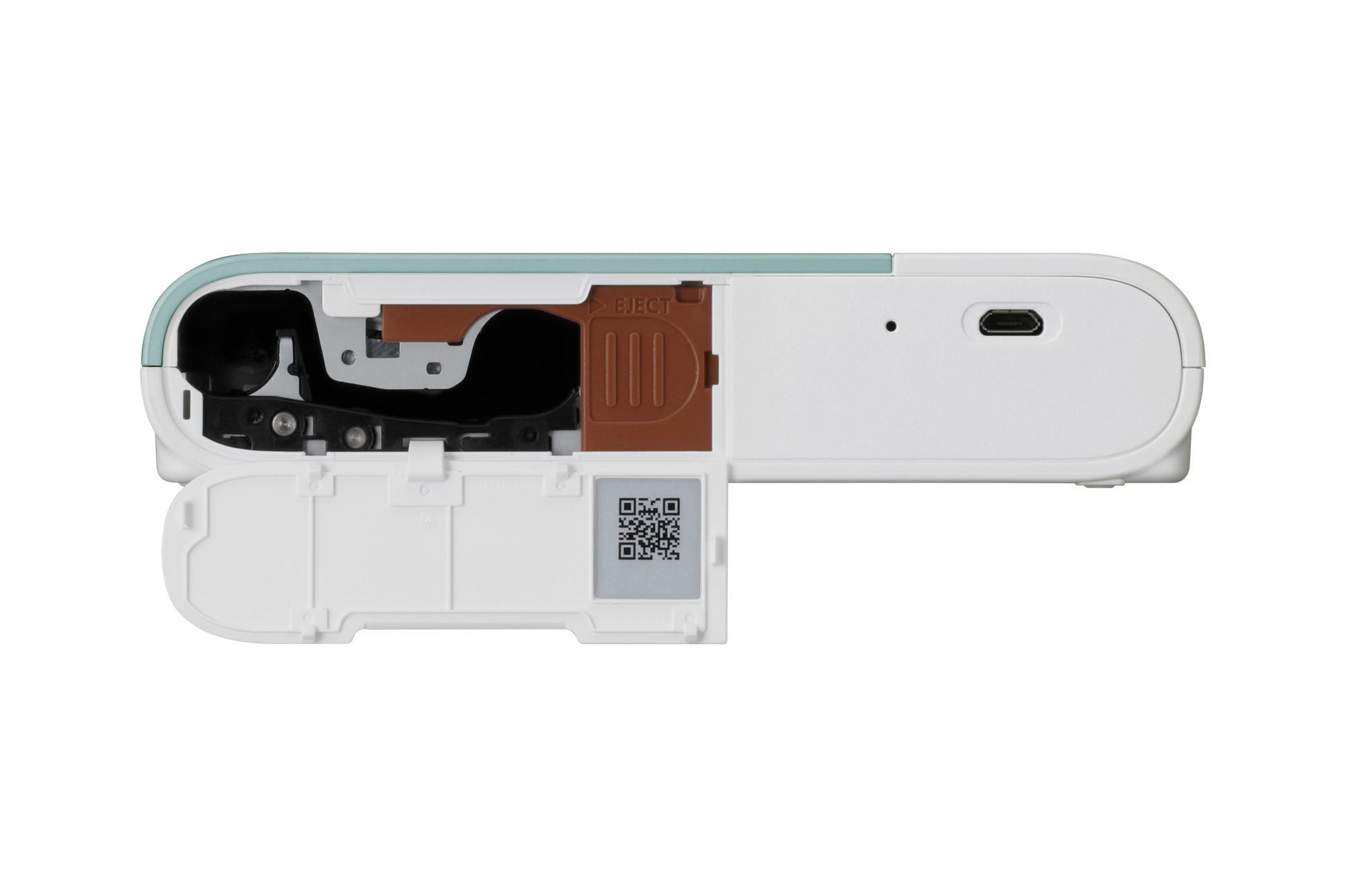 Geöffneter weißer Drucker. Braune Innenkomponenten. QR-Code sichtbar.
