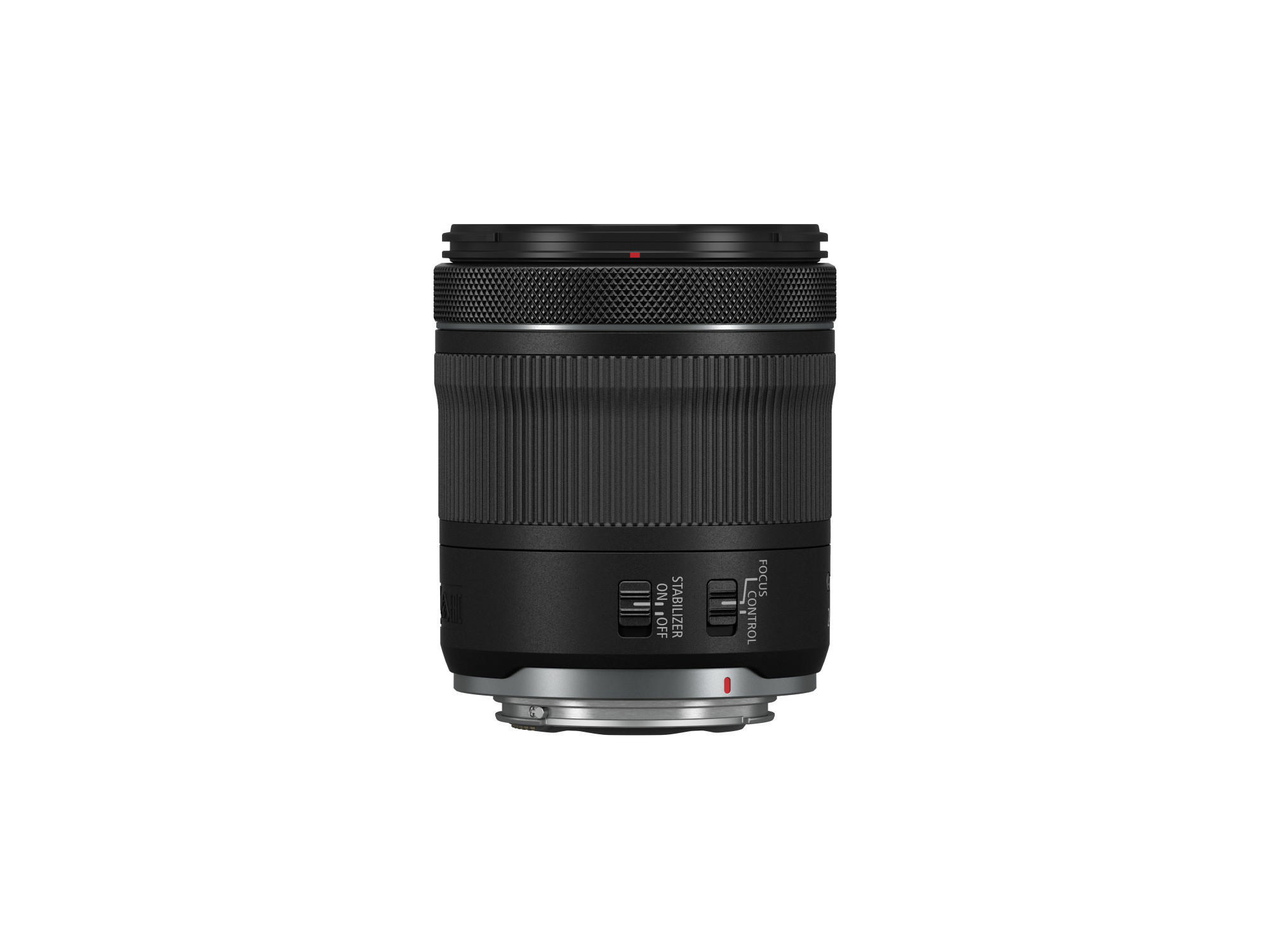 Ein schwarzes Kameraobjektiv mit dem Text STABILIZER ON/OFF.