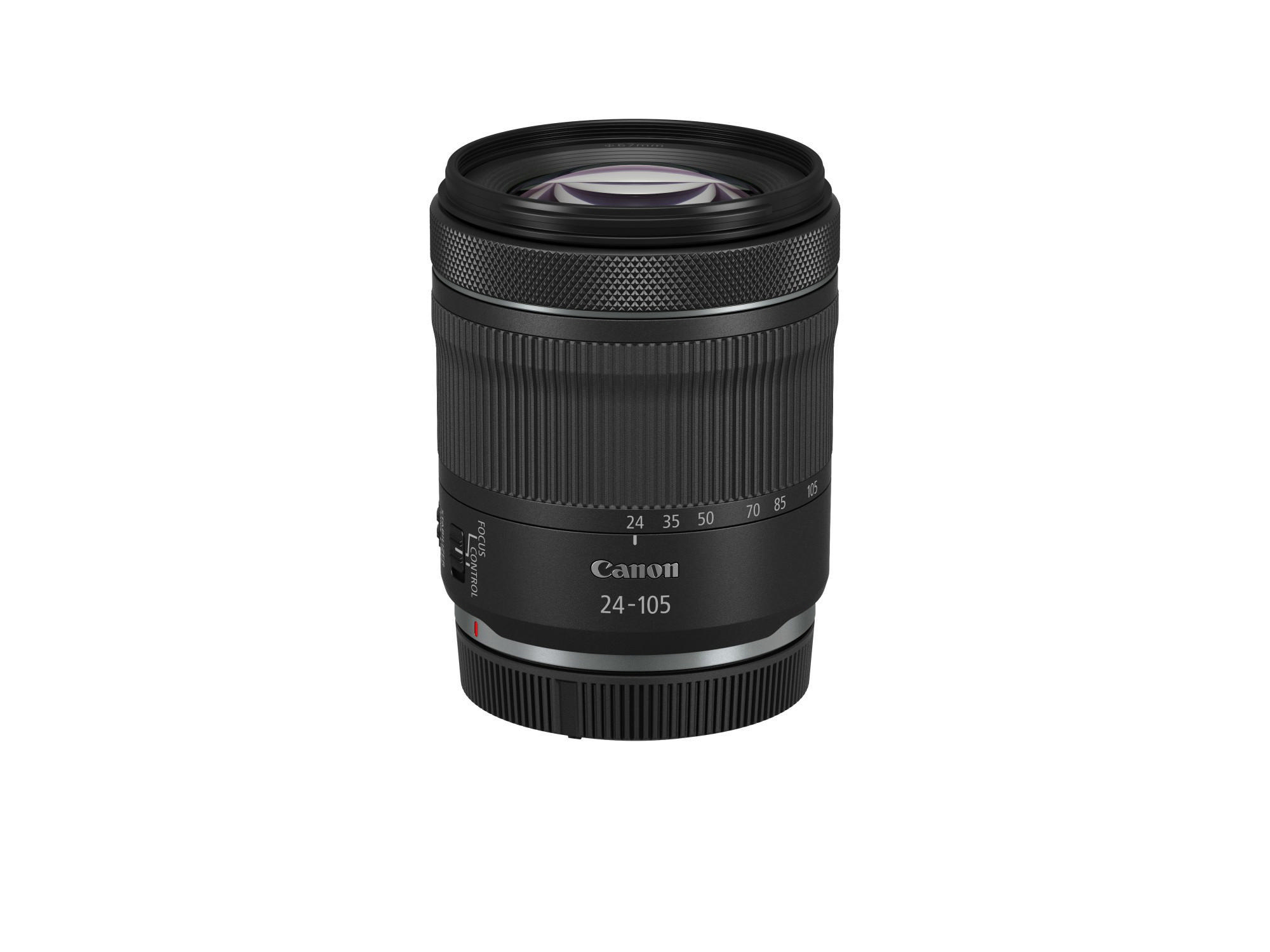Ein Canon 24-105mm Kameraobjektiv, schwarz mit Fokus- und Zoommarkierungen.