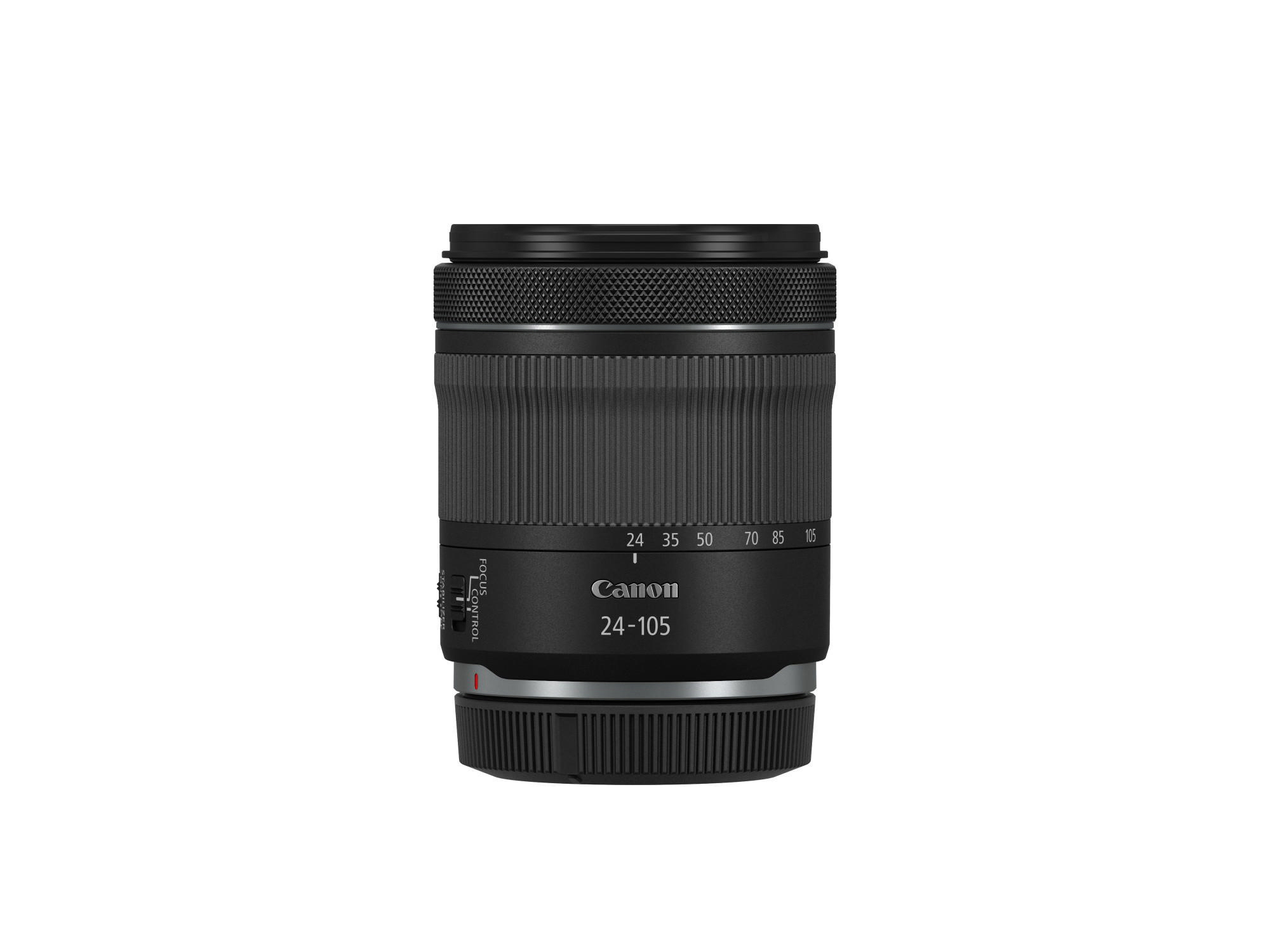 Ein Canon 24-105mm Objektiv, schwarz mit Fokus- und Zoomringen, auf weißem Hintergrund.
